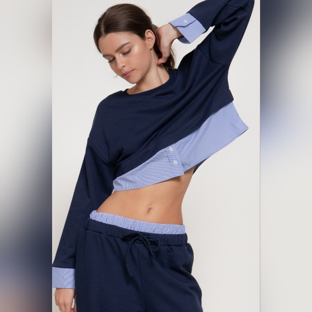 Active USA Navy Layered Look Crop Pullover - Faux Shirt Hem & Cuffs